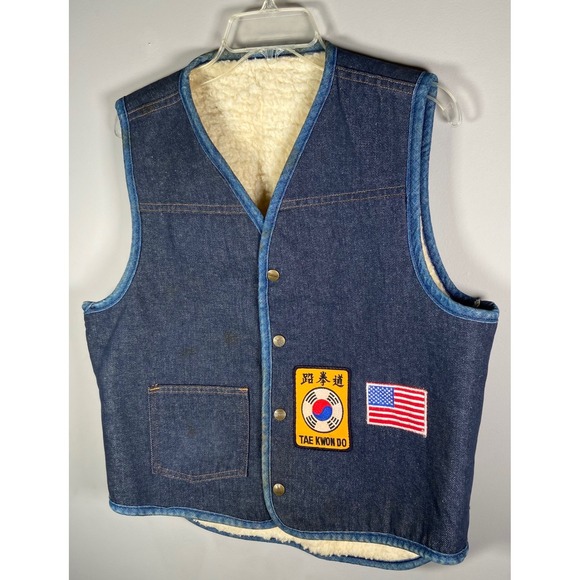 Vintage Carhartt Denim Sherpa Lined Vest Blue Tae Kwon Do Patches Mens - Picture 3 of 15